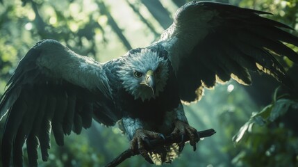 A majestic eagle perched on a branch, surrounded by lush forest greenery, capturing the essence of wildlife and nature's beauty.