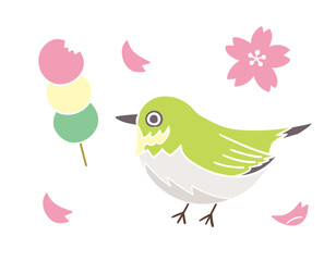 メジロと三色団子と桜の花びら／春の風物詩／手書きのベクターイラスト