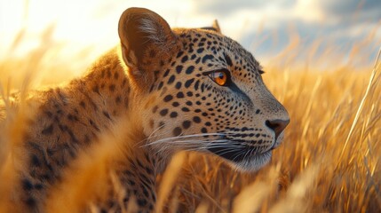A majestic leopard gazing serenely through golden grass, embodying the beauty and grace of the wild.