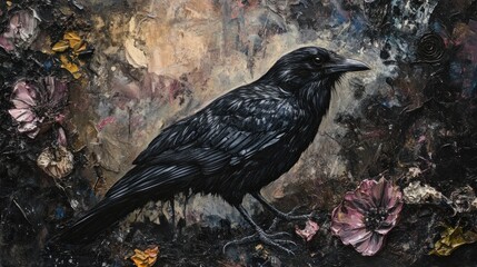 Naklejka premium Dark raven perched amidst a textured, mixed-media artwork of muted colors, with floral elements.