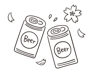 缶ビールで乾杯／桜・お花見・春の風物詩／手書きのベクター線画イラスト