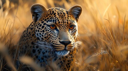 A majestic leopard in tall golden grass, showcasing its stunning coat and piercing eyes in a tranquil wildlife environment.