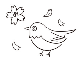 メジロと桜の花びら／春の風物詩／手書きのベクター線画イラスト
