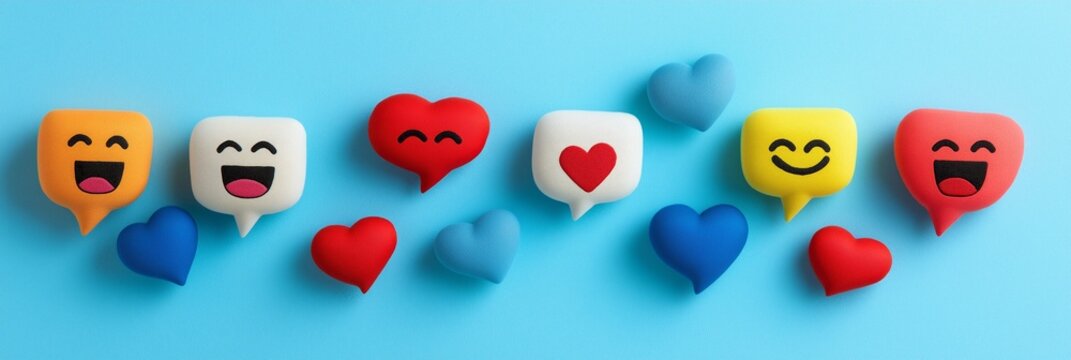 consumer trends social media concept. Colorful speech bubbles with hearts and smiles on a blue background.
