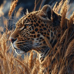 A majestic leopard resting in tall grass, showcasing its stunning fur patterns and intense gaze, embodying the wild essence of nature.