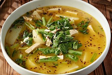 Potato, tofu and cabbage stew with sesame flowers