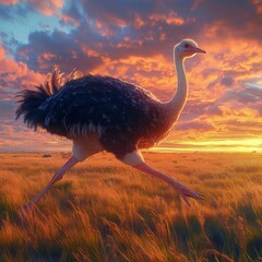 A majestic ostrich running gracefully across a vibrant sunset landscape, showcasing the beauty of wildlife in motion.