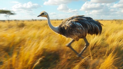 A majestic ostrich running through golden grass under a clear blue sky, showcasing its powerful stride and elegant posture.