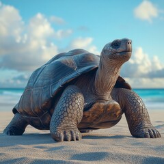 A majestic tortoise basking on the beach under a clear sky, showcasing the beauty of nature and tranquility in the ocean.