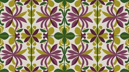 Traditional Ethnic Batik Pattern Geometric Flowers and Leaves on White Fabric
