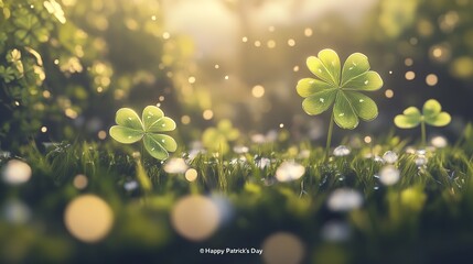 A festive St. Patrick's Day background featuring multiple shamrock leaves with a soft, ethereal glow, surrounded by sparkling bokeh lights and a "Happy St. Patrick's Day" message, against a blurred gr