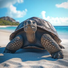 A peaceful turtle resting on a sandy beach, surrounded by turquoise waters and a clear blue sky, symbolizing tranquility and nature.