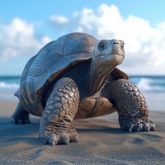 A realistic turtle on a sandy beach, basking under a clear sky, showcasing its unique shell and vibrant coastal surroundings.