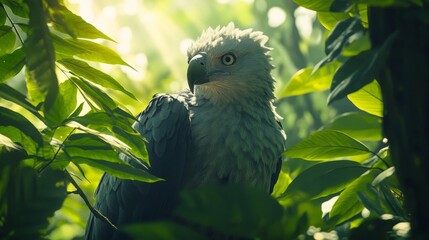 A serene glimpse of a majestic bird blending into lush green foliage, showcasing its vibrant colors and natural habitat.