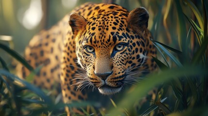 A stunning close-up of a leopard in its natural habitat, showcasing its striking fur pattern and intense gaze among lush greenery.