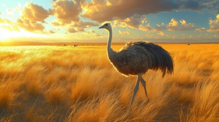 An elegant ostrich stands gracefully in a golden grassland under a vibrant sunset, showcasing its beauty and unique profile.