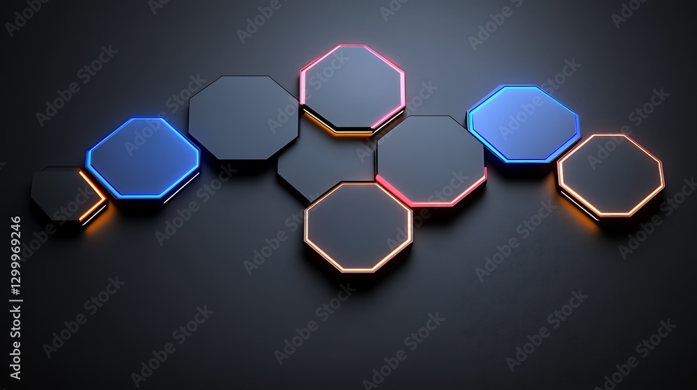 Poster neon octagons abstract geometric hexagon pattern