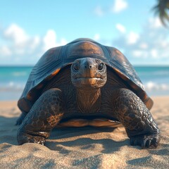 Close-up of a turtle on a sandy beach with a scenic ocean backdrop, showcasing nature's beauty and wildlife.