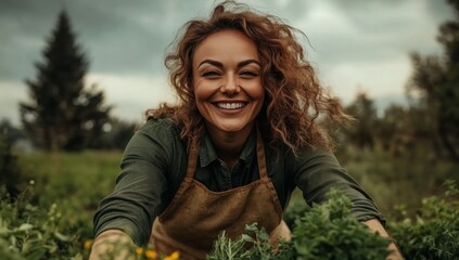 Portrait of a beautiful, smiling woman in an apron, working with herbs in a garden. 