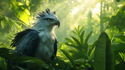 Majestic creature perched in lush greenery, illuminated by soft sunlight, evoking tranquility and the beauty of nature.