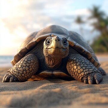 Close-up of a tortoise on the beach, showcasing its unique shell texture and serene environment with palm trees in the background.