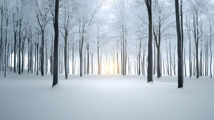 Fototapeta premium Winter Forest Scene with Snow Covered Ground and Trees under Bright Sunlight