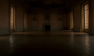 Dark, atmospheric image of an empty, ornate ballroom with tall windows and a fireplace.  Perfect for film, historical fiction, or mystery themes.