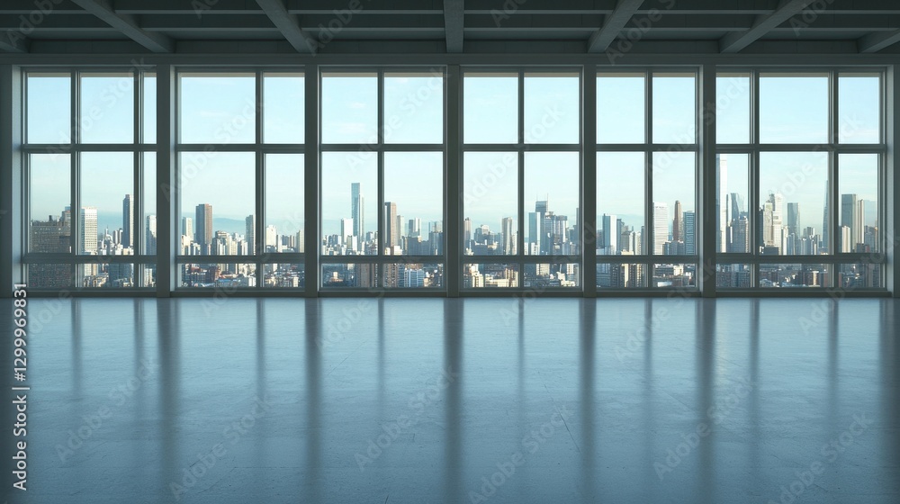 Aufkleber modern empty space with city skyline view through large windows