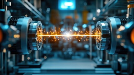 Fototapeta premium Two quantum computers linked by a glowing energy beam, symbolizing groundbreaking advancements in futuristic technology.