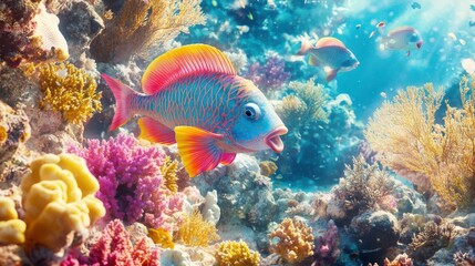 Fototapeta premium Vibrant Parrotfish Swimming Among Colorful Corals