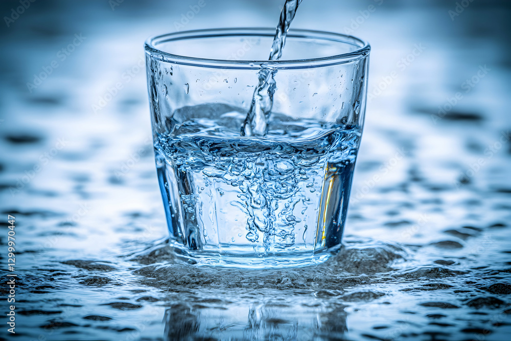 Poster crystal-clear water pouring into a glass, creating dynamic ripples and bubbles. a refreshing and pur