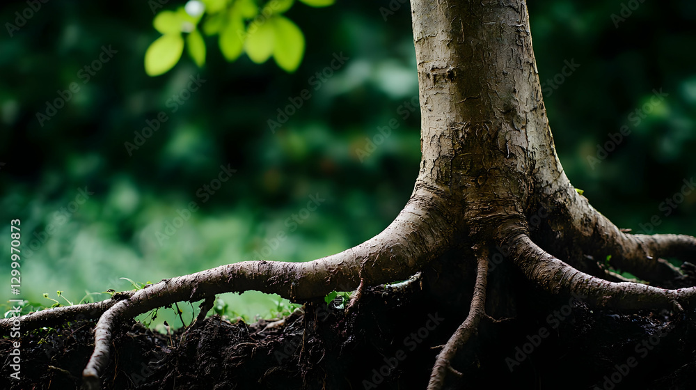 Poster detailed view of tree trunk and roots with lush green foliage in soft focus background