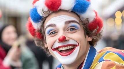 Joyful clown with colorful wig and cheerful smile at a festive outdoor event