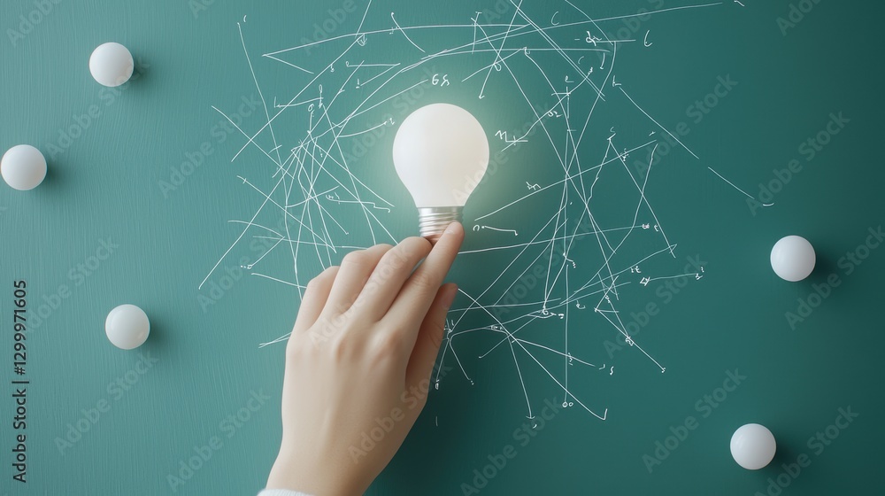 Poster a single hand drawing a lightbulb on a chalkboard filled with equations and formulas, representing t
