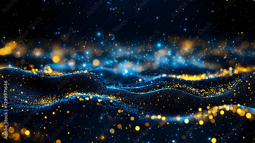 Poster Abstract Digital Visualization Of Data Stream With Blue And Yellow Particles In Dark Background