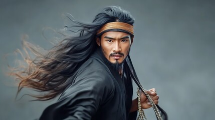 Fototapeta premium Dynamic Action Pose of Warrior in Black Garment with Flowing Hair and Intense Gaze