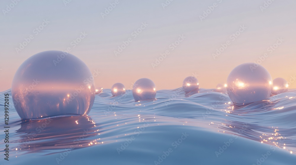 Poster large spherical bubbles in abstract design on gradient blue background with gentle lighting