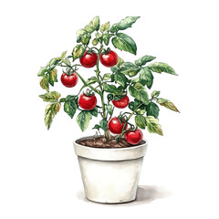 A detailed watercolor illustration of a tomato plant, displaying vibrant red tomatoes growing in a white pot.