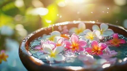 Vibrant water bowl with tropical flowers and floating petals, symbolizing serenity and renewal.