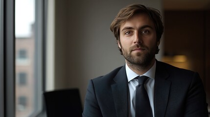 Naklejka premium Focused young businessman in formal attire, embodying determination and professionalism.