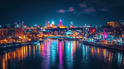 Fototapeta premium A vibrant city at night, with colorful lights reflecting off the streets and a bustling nightlife.