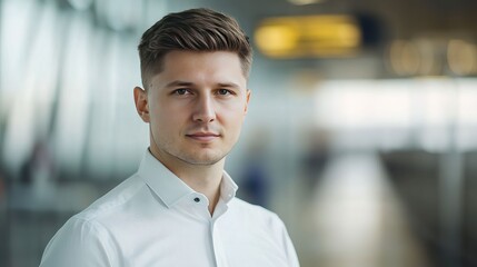 Obraz premium Young businessman exudes confidence in a modern airport, embodying ambition and determination.