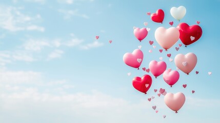 A bunch of brightly colored heart shaped balloons floating against a clear blue sky, creating a cheerful, festive, and celebratory atmosphere.