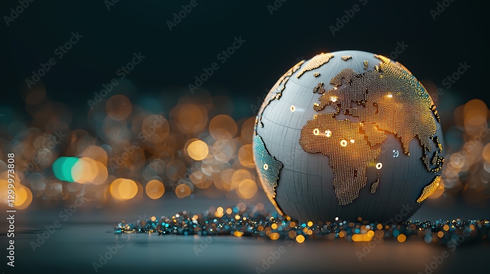 Poster a close up shot of a spinning globe with glowing financial data points and interconnected networks o
