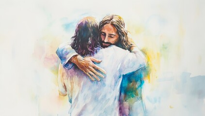 Watercolor painting of Jesus hugging a man.