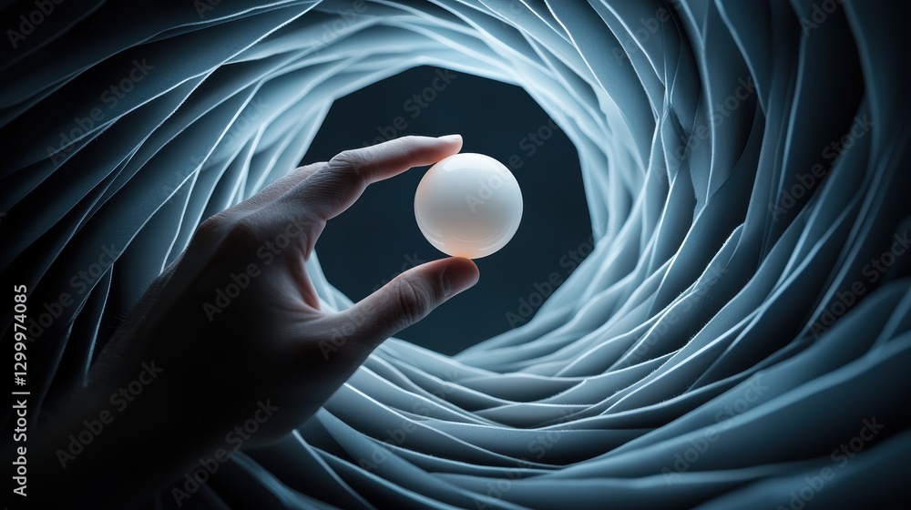 Poster an abstract image of a hand reaching out to touch a glowing orb, surrounded by swirling patterns and
