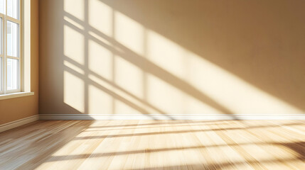 Empty Room Interior with Sunlight Through Window Creating Shadows on Wooden Floor
