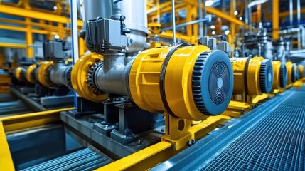 Close-up of industrial machinery, yellow pumps and motors in a factory. Illustrates industrial processes, manufacturing, and automation technology.