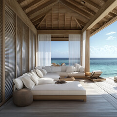 Luxury Oceanfront Villa with Beach Lounge and Stunning Sea View – 3D Render Interior