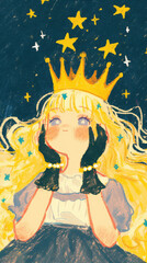 Retro comic style blonde female, starlight, blonde hairstyle with bangles, purple or color yellow background on the Kawaii girl concept